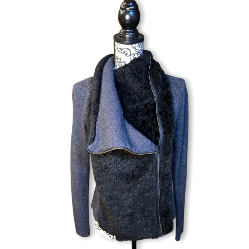 Loft By Ann Taylor Faux Fur Full Zip Moto style Jacket W/ Knit Sleeves SZ M
